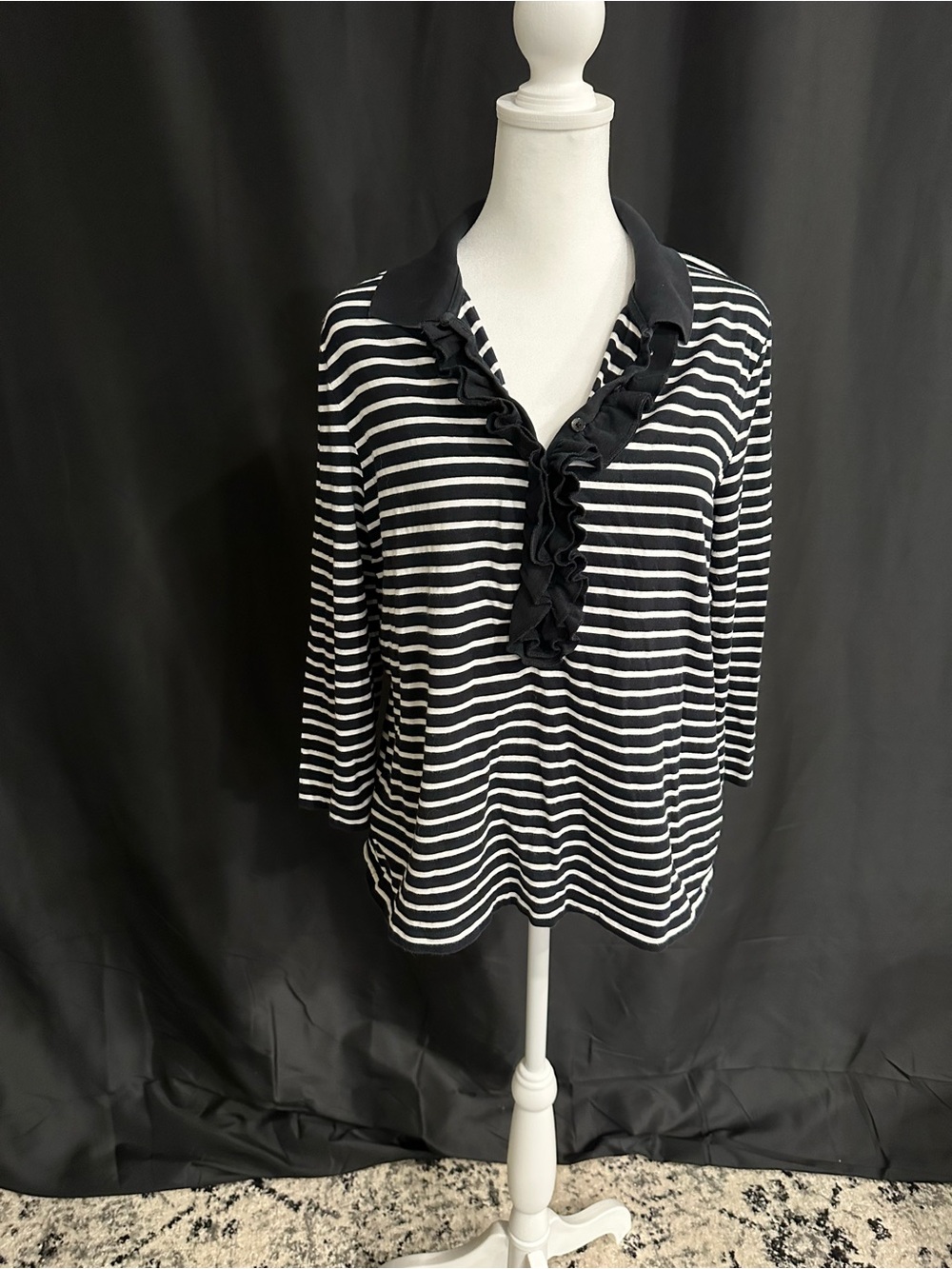 Jones New York Black and White Striped Ruffle-Neck Top